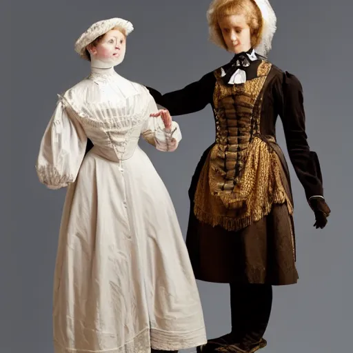 Image similar to portrait of a life size victorian female automaton standing in with a human child, 8 k, soft lighting, highly detailed realistic, face in focus 1 8 9 0's