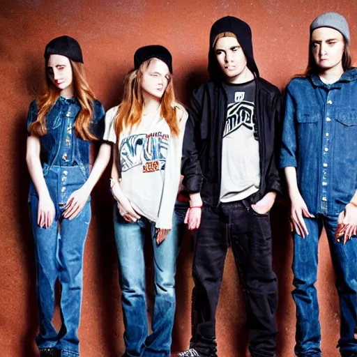 Prompt: Stoner rock girl, nü metal boy, band promo image, girl wearing double denim, boy wearing baggy jeans and baseball cap