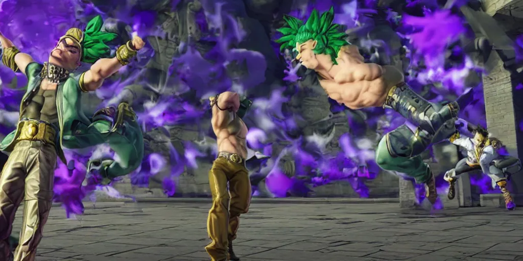 Image similar to jojo's bizarre adventure, video game cutscene, unreal engine 5, render, ray tracing