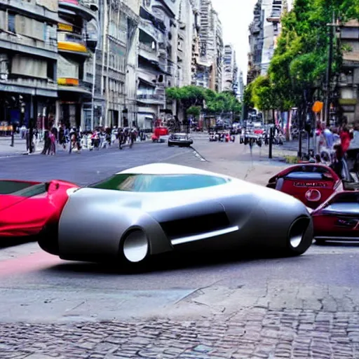 Image similar to Buenos Aires Argentina, futuristic cars in the street, holograms in the street, detailed, hd