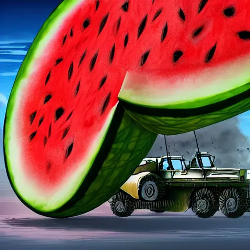 Prompt: Watermelon as military vehicle with epic weapons, launching rockets on a battlefield, russian city as background. Concept digital art in style of Caspar David Friedrich, Less watermelon more military vehicle, epic RTX dimensional dramatic light