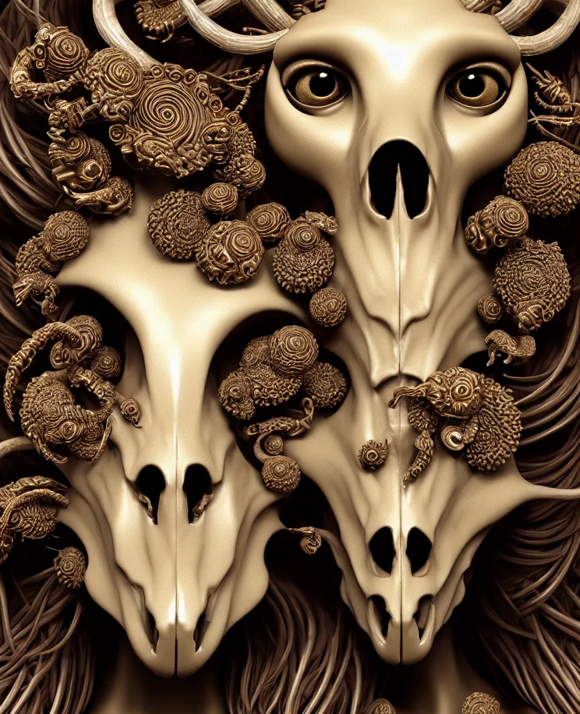 Image similar to goddess princess face close-up portrait ram skull. sculpture made of black clay and gold. jellyfish phoenix head, nautilus, orchid, skull, betta fish, bioluminiscent creatures, intricate artwork by Tooth Wu and wlop and beeple. octane render, trending on artstation, greg rutkowski very coherent symmetrical artwork. cinematic, hyper realism, high detail, octane render, 8k