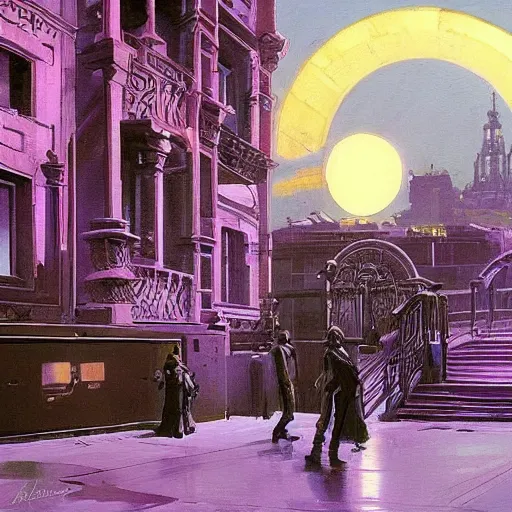 Prompt: painting of syd mead artlilery scifi soviet apartment with ornate metal work, ornate fence, volumetric lights, purple sun, andreas achenbach