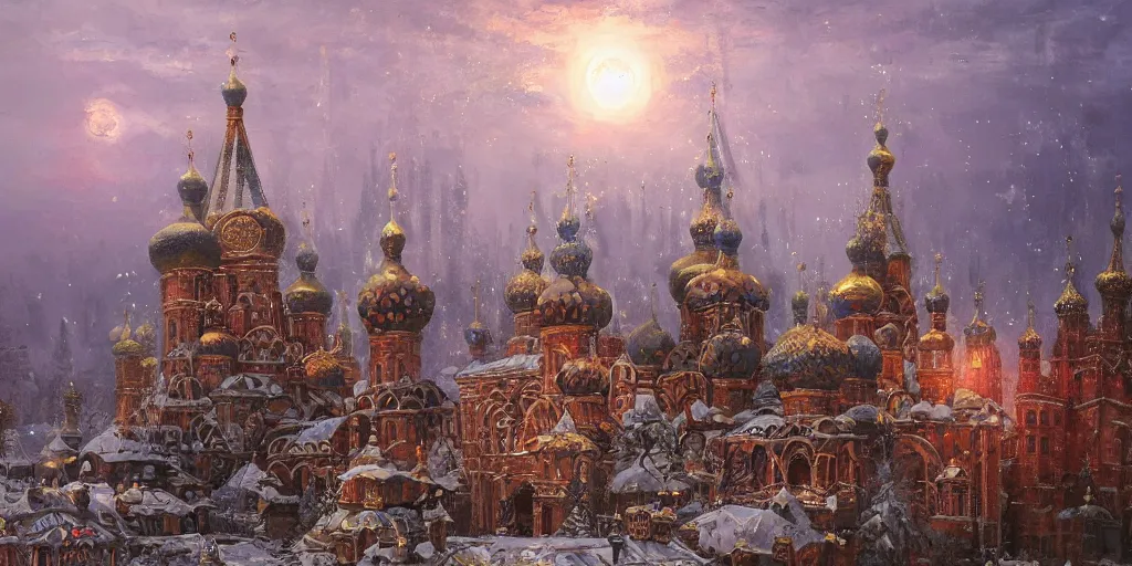 Image similar to beautiful magical ancient Slavic city of Kitezh, magic lights, magic mist, strange buildings, oil painting, painting by Viktor Vasnetsov, concept art, fantasy cityscape, ancient Russian architecture, painting by Ivan Shishkin, hyperborea, high resolution, trending on artstation,