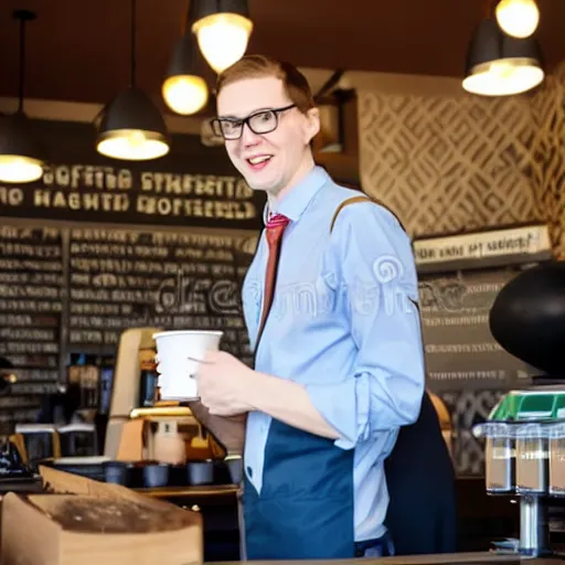 Image similar to slenderman working at starbucks, stock photo, cheerful lighting