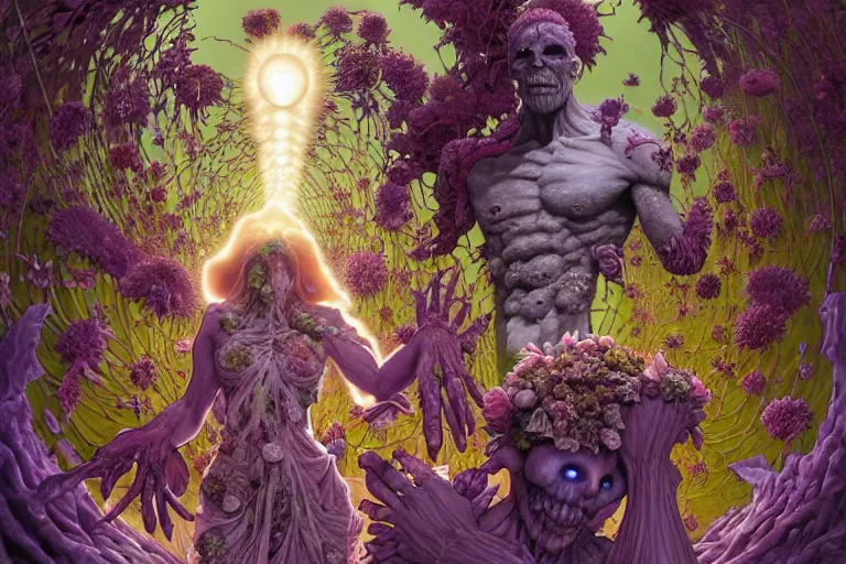 Image similar to the platonic ideal of flowers, rotting, insects and praying of cletus kasady carnage thanos dementor wild hunt doctor manhattan chtulu mandelbulb mandala ponyo spirited away davinci, d & d, fantasy, ego death, key lighting, decay, dmt, psilocybin, art by artgerm and greg rutkowski and alphonse mucha