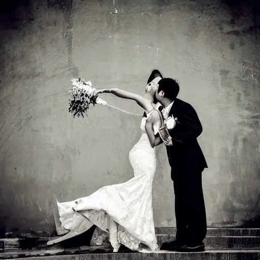 Image similar to “wedding photo, a couple kissing, in love, asian and western fusion, high definition, high quality”