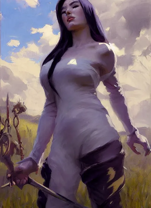 Image similar to greg manchess painting of syndra from league of legends, countryside, calm, fantasy character portrait, dynamic pose, above view, sunny day, thunder clouds in the sky, artwork by jeremy lipkin and giuseppe dangelico pino and michael garmash and rob rey, very coherent asymmetrical artwork, sharp edges, perfect face, simple form, 1 0 0 mm