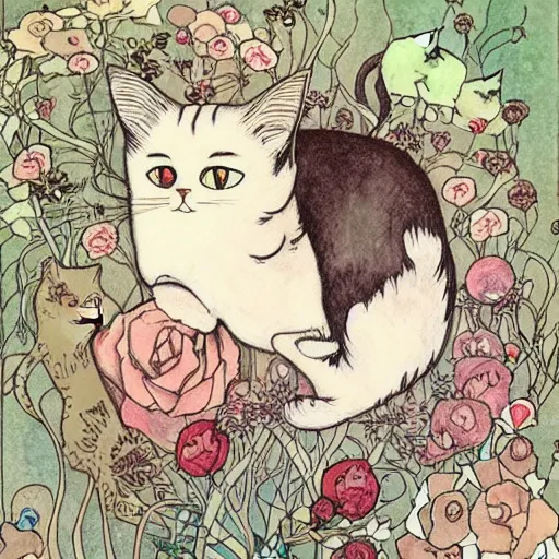 Image similar to cat smelling flowers, in the style of chiara bautista, mucha