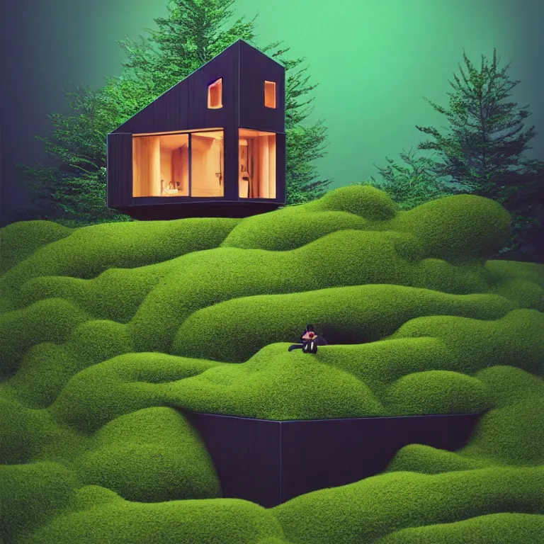 Prompt: tiny house by kengo kuma on island sea cloud surreal art by jason naylor, very coherent, sharp, colorful high contrast, dark shadows, hard lighting, floralpunk flower green plants garden, inking etching screen print, hd, 8 k hyper detailed, octane render