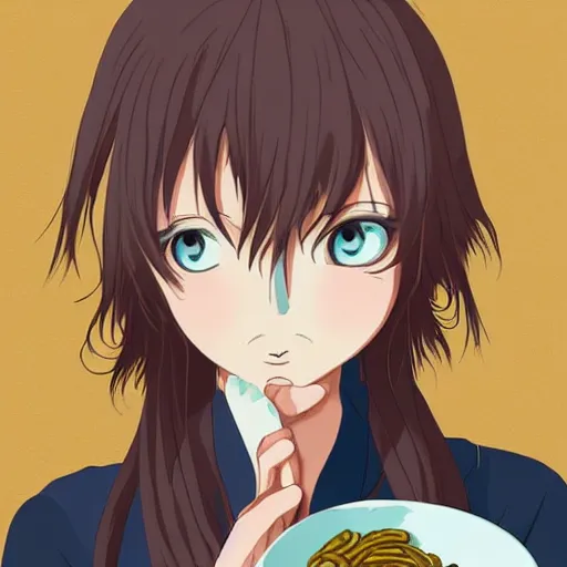 Image similar to a beautiful anime woman eating a bowl of worms, digital art, ghibli, night