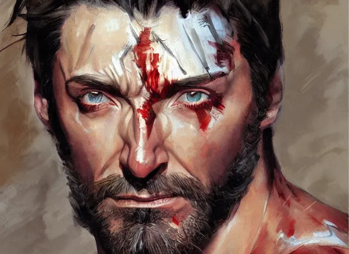 Image similar to a highly detailed beautiful portrait of hugh jackman as kratos, by gregory manchess, james gurney, james jean