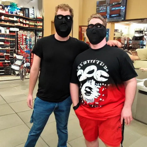 Prompt: ethan van sciver hanging out with a short stocky guy who wears a red ski mask over his face with black ski goggles, cargo shorts and a plain black t - shirt that says cash grab