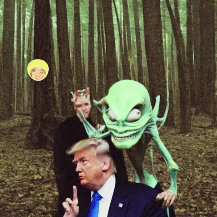 Prompt: A blurry Polaroid photograph of Donald trump with an alien in the forest