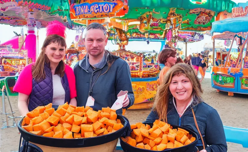 Prompt: two sweet sweet sweet potatoes at a funfair