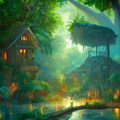 Image similar to the village in a bright jungle, dramatic lighting, oil painting, pale colors, high detail, 8 k, wide angle, trending on artstation,