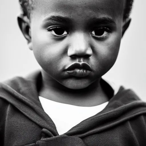 Prompt: the face of young kanye west wearing yeezy clothing at 3. 5 years old, black and white portrait by julia cameron, chiaroscuro lighting, shallow depth of field, 8 0 mm, f 1. 8