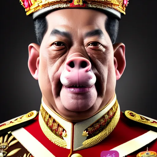 Image similar to a portrait of King Vajiralongkorn with the facial features of a pig, realistic face, grimdark extremely detailed fantasy art by Gerald Brom, octane render