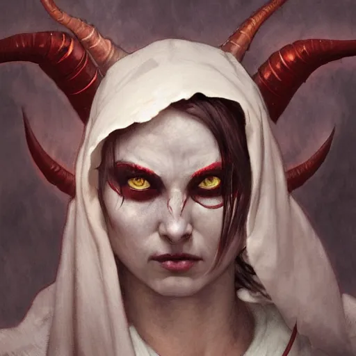 Image similar to masterpiece portrait of a clothed hooded surly and resentful female tiefling thief with red skin black sclera and horns under the hood, by Greg Rutkowski and John Collier and Krenz Cushart and Artem Demura and Alphonse Mucha and Albert Aublet, as seen on ArtStation, 4k, dungeons and dragons, very aesthetic, very detailed, intricate, unreal, fantasy, dramatic, painterly, artstation, sharp focus, smooth