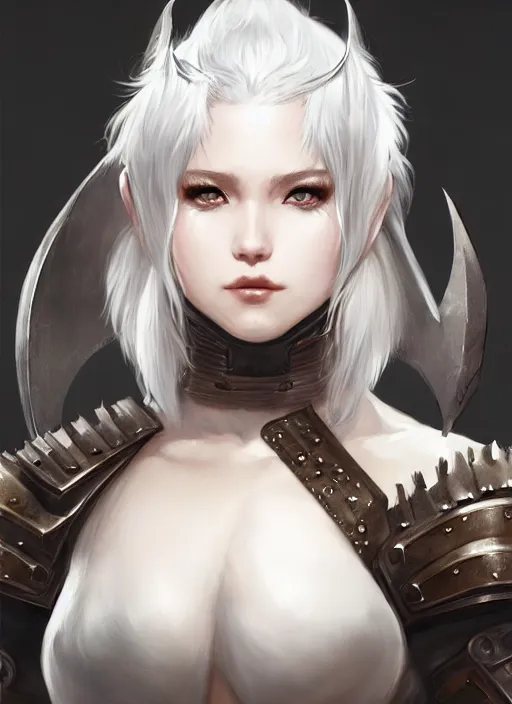 Image similar to warrior, fur leather armor!!! beautiful and elegant white hair female!! gorgeous ayes!! character concept art, sharp focus, octane render! unreal engine 5! highly rendered!! trending on artstation!! detailed linework!! illustration by artgerm, wlop, and chie yoshii