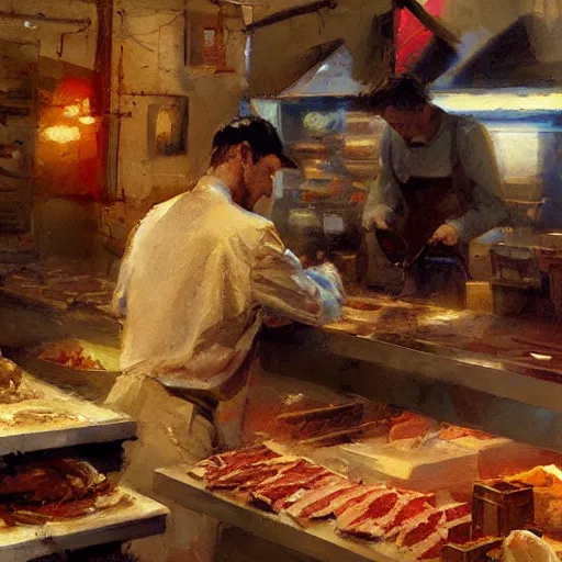 Image similar to low angle!!!!!! a a butcher working, artwork by craig mullins, low angle camera