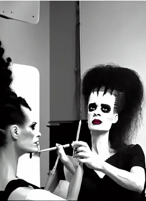 Image similar to video still from instagram, the bride of frankenstein doing a make up tutorial