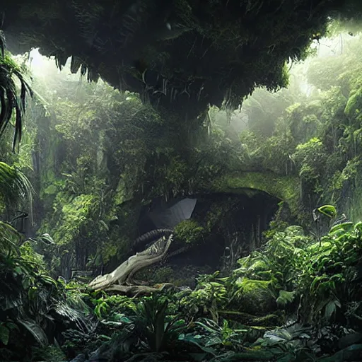 Prompt: epic, ultra detailed, hyper - real alien jungle by greg rutkowski inside a giant cave by zaha hadid