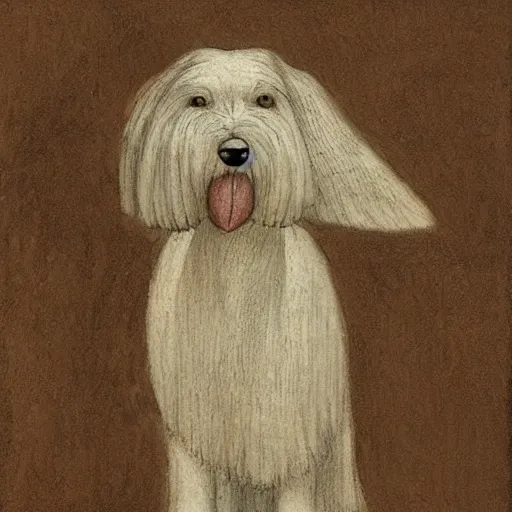 Image similar to reinacensse sketch, white schnauzer dog with two open wings, front view, leonardo da vinci