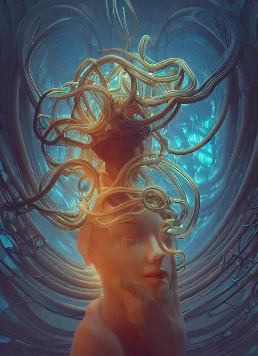 Image similar to subsurface scattering, medusa made of soft wax, cgsociety, translucent, wooden art nouveau swirls, colored smoke, gold cables, electricity, tubes, in the style of ruan jia and beeple and giger, mystical colors, back light, rim light, dramatic lighting, 8 k, stunning scene, raytracing, octane render
