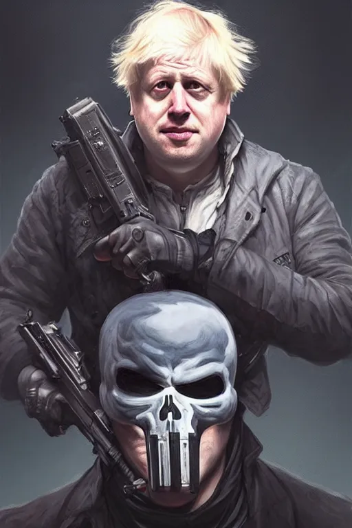 Image similar to Boris Johnson as Punisher, portrait, insanely detailed, digital painting, artstation, concept art, smooth, sharp focus, illustration, cinematic lighting, art by artgerm and greg rutkowski and alphonse mucha