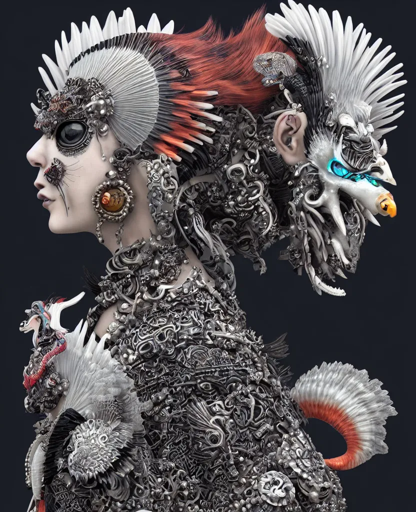 Image similar to 3 d goddess close - up profile portrait punk with mohawk with ram skull. beautiful intricately detailed japanese crow kitsune mask and clasical japanese kimono. betta fish, jellyfish phoenix, bio luminescent, plasma, ice, water, wind, creature, artwork by tooth wu and wlop and beeple and greg rutkowski