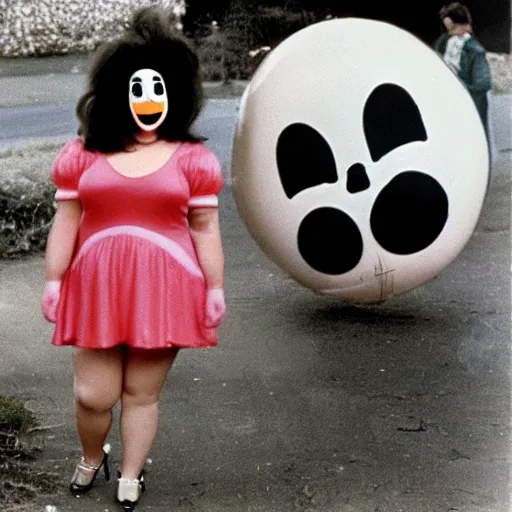 Image similar to 1976 glamorous chubby woman wearing an inflatable smiley head, wearing a dress, in a small village full of inflatable animals, 1976 French film archival footage technicolor film expired film 16mm Fellini new wave John Waters Russ Meyer movie still