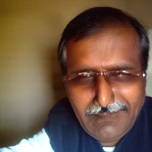 Image similar to my indian dad accidentally taking a selfie with the front camera, squinting because the camera flash is so bright in his face