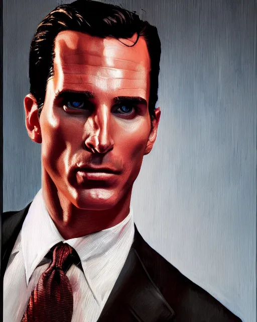 Image similar to oil painting portrait of patrick bateman christian bale american psycho, cinematic lighting, high production value, intricate details, high resolution, hdr, high definition, masterpiece, realistic, ultrarealistic, highly detailed, hd, sharp focus, non blurry, sharp, smooth