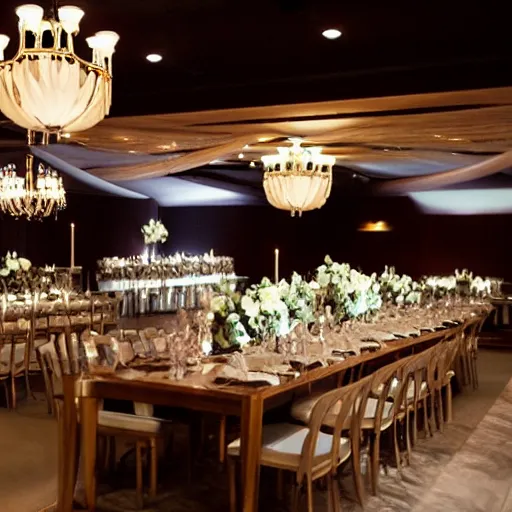 Image similar to walnut, gold, and white themed wedding reception