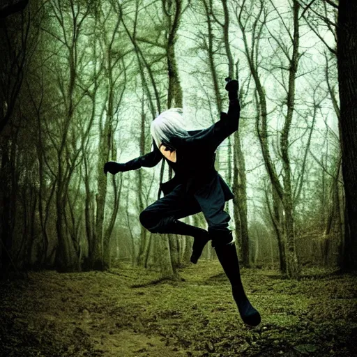 Image similar to An award winning photograph of a ninja in a moody forrest jumping, anime, steampunk, insanley detalied