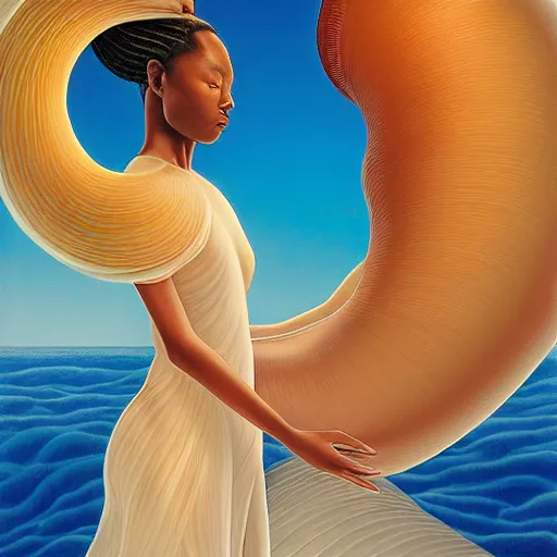 Prompt: lifelike by liu ye, by kadir nelson. the drawing of the moment when the goddess venus is born from the sea. she is shown standing on a giant clam shell, with her long, flowing hair blowing in the wind. the drawing is full of light & color, & venus looks like she is about to step into a beautiful, bright future.