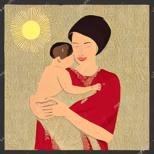 Image similar to midcentury modern illustration of 80 year old sentimental Mediterranean skinned woman in ancient Canaanite clothing holding a newborn baby, crying, awe, love, ancient interior tent background