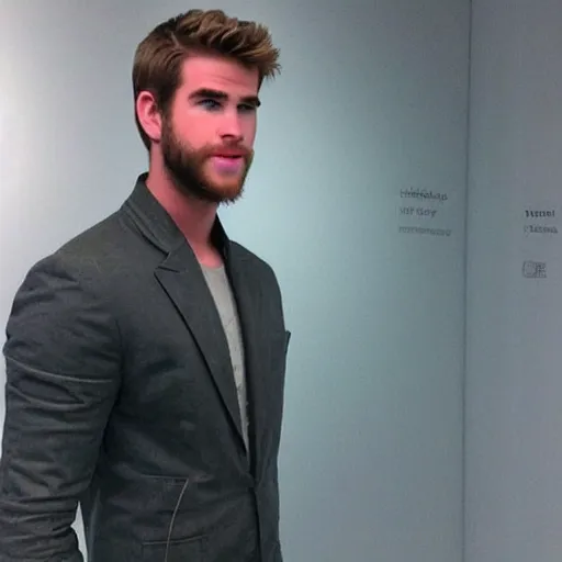 Image similar to “ a realistic detailed photo of a guy who is an attractive humanoid who is half robot and half humanoid, who is a male android, actor liam hemsworth, shiny skin, posing like a statue, blank stare, at the museum, on display ”