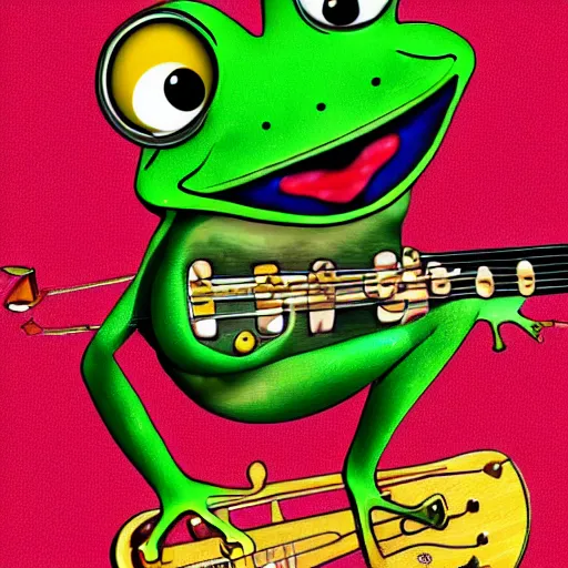 Prompt: a frog with a funny hat rocking his bass guitar, digital art, 4k