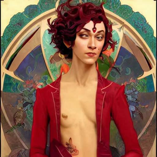 Image similar to a beautiful and androgynous half - elf with dark skin tone and messy short red hair dressed in a colorful jodhpuri suit, dnd character, golden aura, realistic portrait by ross tran and gerald brom and kehinde wiley and fernando amorsolo and alphonse mucha, trending on artstation