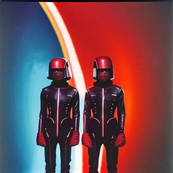 Image similar to two time pilots wearing red rick owens pilot suits inside the glowing geometric rainbow portal to the sixth dimension by frank frazetta