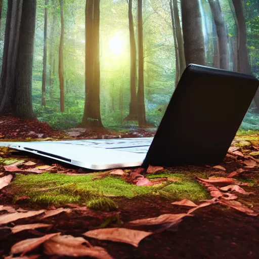 Prompt: computer in middle of fantasy forest