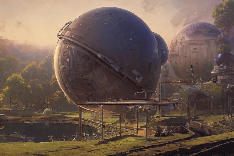 Image similar to a beautiful science fiction factory with a spherical design by starwars and army on a hill in the french countryside during spring season, highly detailed painting by studio ghibli hd and louis remy mignot, leyendecker, craig mullins, nice afternoon lighting, smooth tiny details, soft and clear shadows, low contrast, perfect