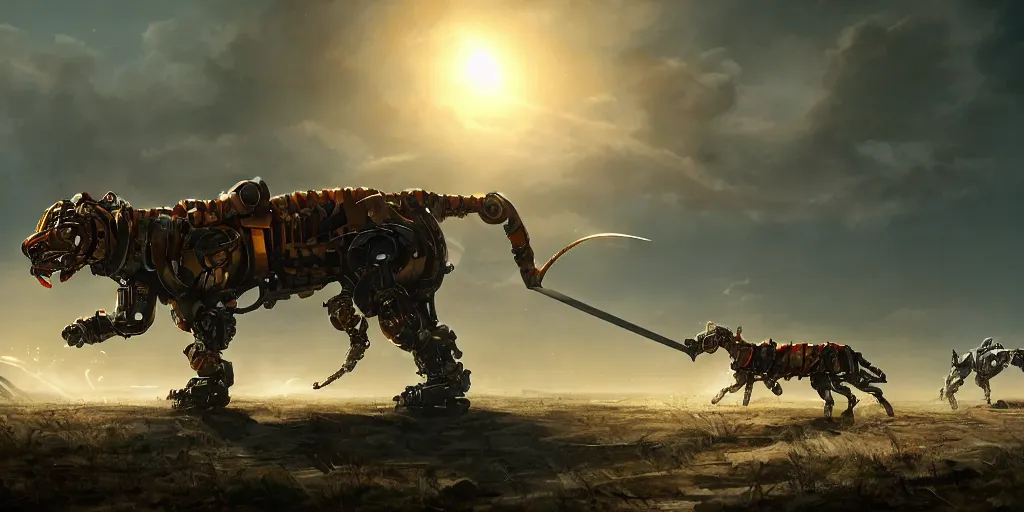 Image similar to robot liger, battlefield with scattered swords, two suns, artstation, cinematic