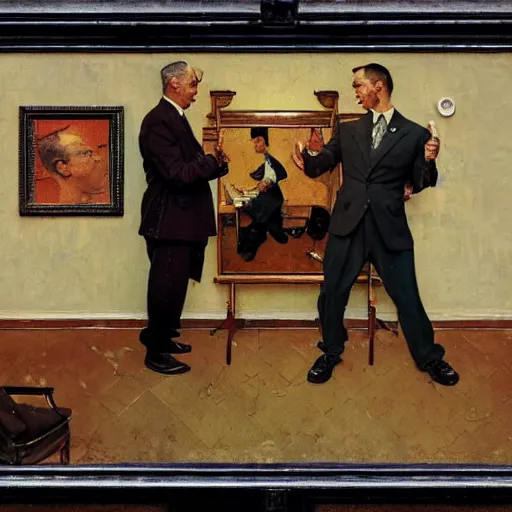 Prompt: an oil painting of two gentlemen arguing , by Norman Rockwell, mashup collage distorded