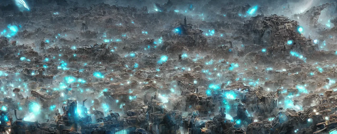 Image similar to swarm of nanobots in a giant formation invading a ruined city, digital painting, mixed media, trending on artstation, 8k, epic composition, highly detailed, sharp focus