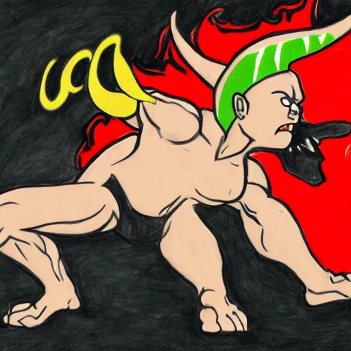 Prompt: full body drawing by Luke Starkie of a muscled horned Satan Devil , swimming tuxedo, red flames in background