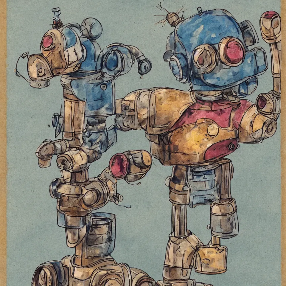 Image similar to a detailed illustration of a cute retro robot dog, alcohol inks on parchment, muted colors, detailed, textured parchment background, 1 9 5 0 s concept art
