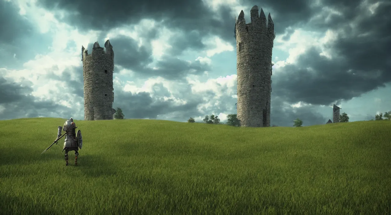 Prompt: a knight goes towards an old tower in a meadow with majestic clouds and trees, rendered with octane , cinematic lighting, hdri, 8k